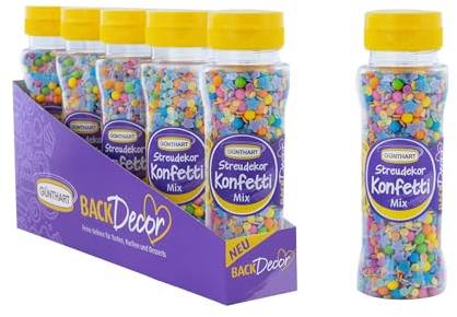 BackDecor Streudekor Konfetti-Mix in 6 knalligen Farben rosa, grün, blau, gelb, orange und lila, Verkaufseinheit bestehend aus 5 Dosen mit je100 g Streuseln