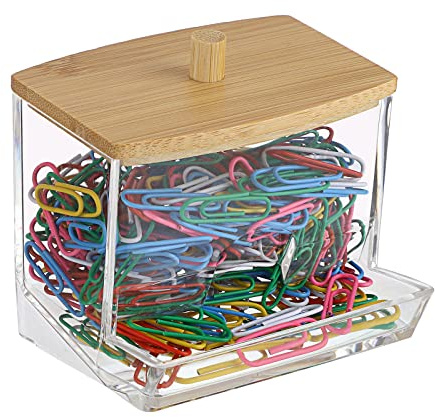 BTSKY Clear Paper Clip Holder with Bamboo Lid Thick Acrylic Self-dispensing Office Supply Accessory Organizer Small Storage Holder Cute Qtip Holder for Office Bathroom Vanity (Clips Not Included)