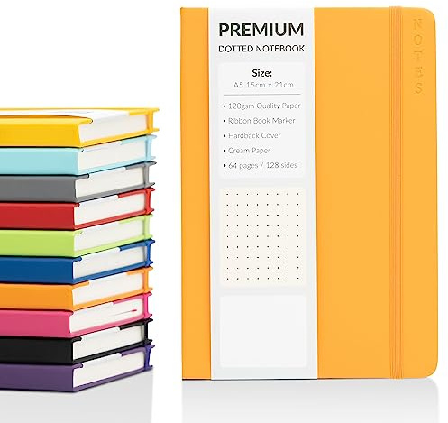 Bullet Journal A5 prickig anteckningsbok med hårt fodral i konstläder och premium 120 gsm tjockt prick rutnätspapper (128 gräddfärgade sidor, orange)
