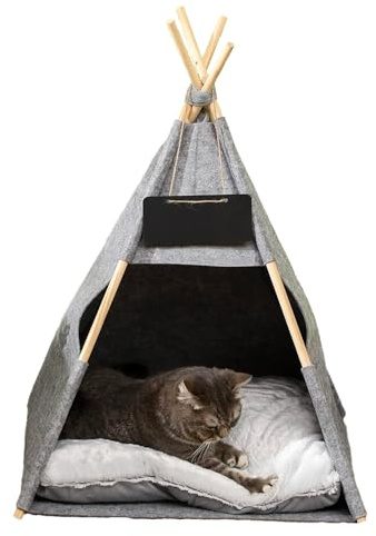 Avilia Tenda Indiana per Cani e Gatti con Cuscino in Legno e Feltro - Spazio Ampio e Confortevole 44x42x45/68cm, Design Accogliente Grigio e Marrone