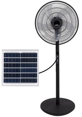 Rialto Ventilatore Solare da Terra Nero 30w 3velocità 5pale Porta USB Batteria al Litio 112x41x38cm
