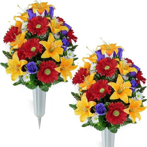 XONOR Artificial Cemetery Flower for Graves, Set of 2 Cemetery Memorial Flowers with Vase for Gravesite Outdoor Headstone Tombstone Decorations, Artificial Lily Rose Gerbera Flowers Bouquets