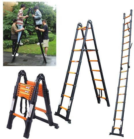 JADDUO Telescoping Ladder A Frame, 16.5 Ft Compact Aluminum Extension Ladder, Portable Telescopic RV Ladder for Outdoor Camper Trips Motorhome with Tool Platform and Stabilizer Bar, 330 lbs，Black
