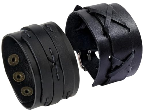 BaBakiak Punk Leather Cuff Bracelet, 2PCS Vintage Braided Leather Wristband for Men Women (Black)
