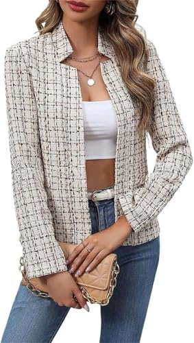 Giacca Blazer in Tweed a Quadri per Autunno, Giacca Blazer Elegante da Donna con Collo a Noce e Apertura Frontale, Beige, S