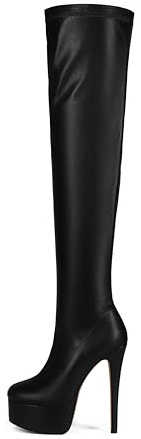 Feinlina Mode Femmes au-dessus du genou Stiletto Plateforme Talon Bottes Nuit Sexy Cuir Noir Cuisse Hautes Bottes, Noir , 36 EU