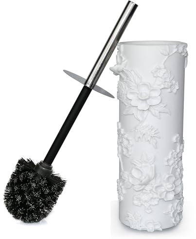 Indecor Home Ensemble Brosse WC et Support en résine avec Branches Florales Blanches, Outil de Nettoyage élégant avec Poils durables, Compact et Fonctionnel