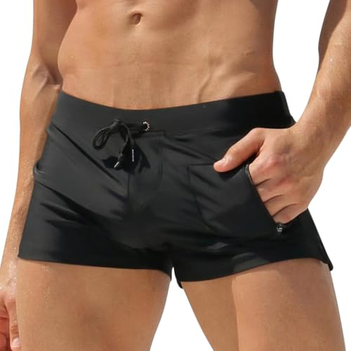 Oanviso Herren Badehose Kurz Schwimmhose mit Tunnelzug Einfarbige Boxer-Badehose Schnelltrocknend Wassersport Shorts Vorder mit Reißverschlusstasche Training Badepants D Schwarz XS