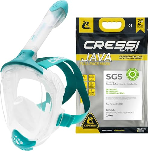 CRESSI Java Full Face Mask Clear/Aquamarine S/M-Maschera Snorkeling Integrale Compact Fit, Lente Ultra Chiara Anti Fog, 100% Silicone, Snorkel Dry con Valvole Sicurezza, Trasparente/Acquamarina, S/M