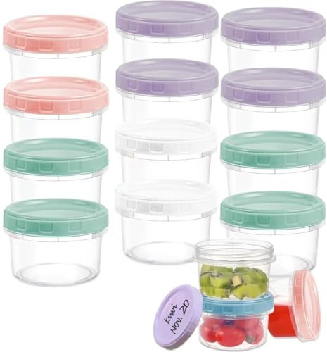 KAHEIGN 20Pcs Small Food Containers, 200ml Reusable Plastic Deli Bowls Stackable Food Storage Jars with Colorful Leakproof Lids - Dishwasher & Microwave & Freezer Safe (Pink/Purple/Green/White)