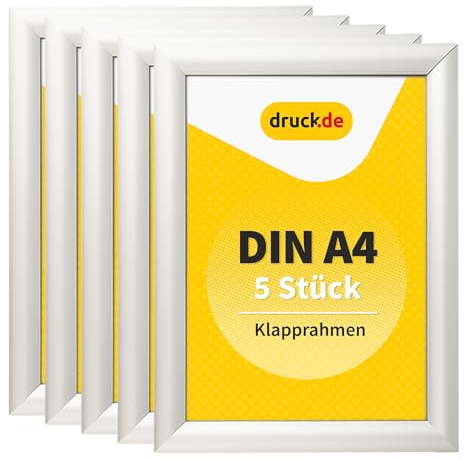 druck.de 5 cornici pieghevoli A4 per manifesti, cartelli, pubblicità, telaio in alluminio con profilo da 2,5 cm, adatto per montaggio a parete, protezione trasparente in plastica protegge il vostro