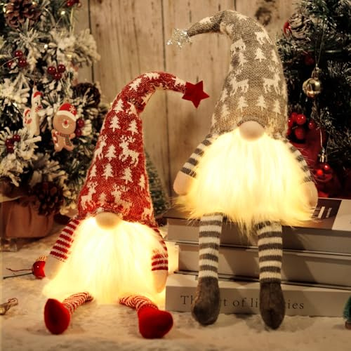 Purpledi 2pcs GNOME en Peluche pour Décoration de Noël 50cm, Suédois Santa Claus Santa Tomte, Décoration Père Noël avec LED, Lutins de Noel éclairé, Cadeaux Nain Scandinave pour Enfants Famille Amis