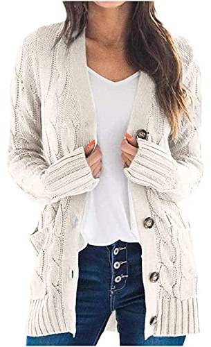 AnnSemo Cardigans for Women UK Winter Long Sleeve Oversized Outerwear Button Down V Neck Women's Chunky Knit Cardigans Ladies Cotton Jumper Open Front Tops with Pockets Beige