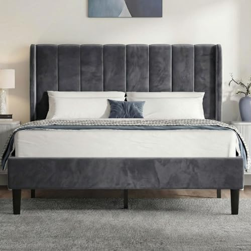 Blisswood Double Bed, Noise-Free 4ft6 Upholstered Platform Bed With Vertical Design Headboard/Velvet Fabric Double Bed Frame/Sturdy Wooden Slats Support & Under Bed Storage (Dark Grey)