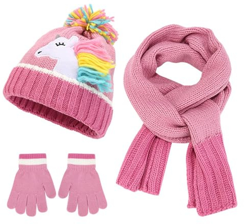 3 pezzi berretto sciarpa e guanti set per bambini cappello lavorato a maglia invernale caldo con motivo unicorno e pompon girocollo bambino con fodera invernale accessori set per ragazza 3-6 anni