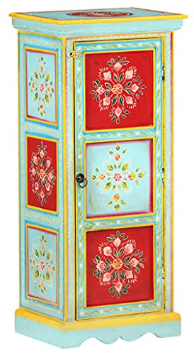 Zeehear Buffet haut peint à la main, 40 x 30 x 90 cm, en bois massif de mangue, multicolore, meuble de rangement unique pour salon, couloir, armoire d'accentuation polyvalente avec 3 étagères
