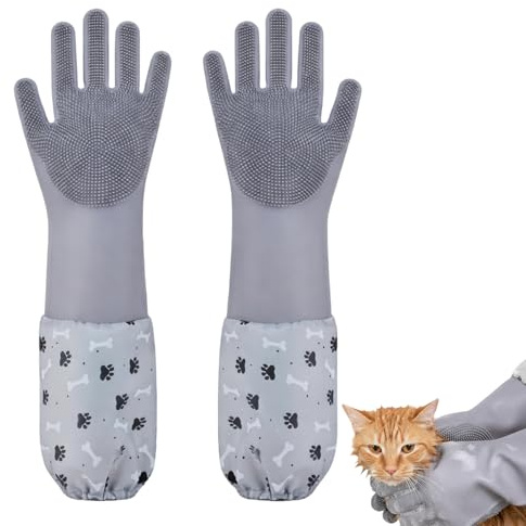 KxrTpx Dog Washing Gloves, Pet Grooming Glove with Extended Length, Cat Grooming and Bathing Solution, Glacial Grey Colour Design, Durable and Practical Pet Care Accessory