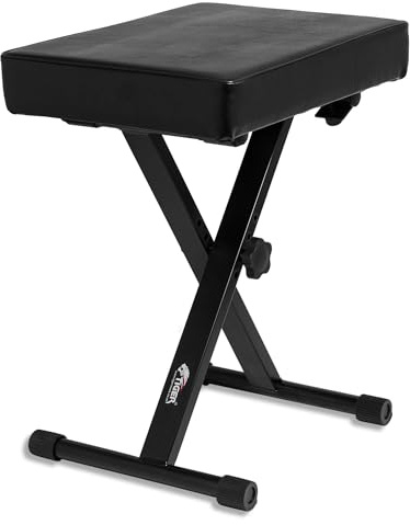 Tiger PST5-BK Adjustable Piano Stool - Black | Keyboard Bench with 4 Height Settings (43-53cm), 42x31cm Padded Seat, X-Frame Design, Foldable, Rubberised Feet