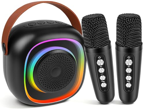 Karaoke Maschine Kinder mit 2 Karaoke Mikrofon Kinde Mini Tragbares Bluetooth Lautsprecher mit Stimme wechselnde Effekte & LED Lichteffektenfür Partei, Geschenke für Geburtstag, Weihnachten (Schwarz)
