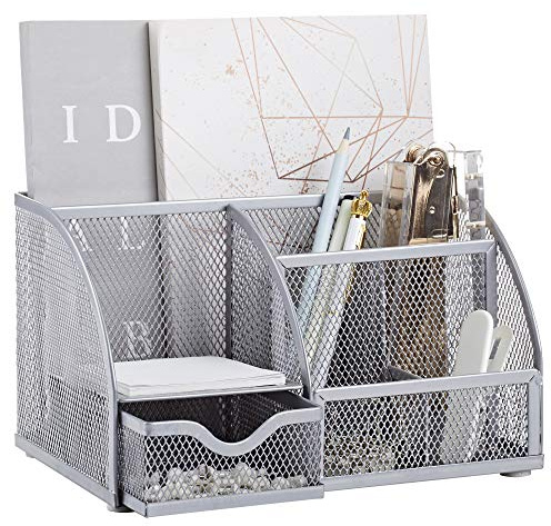 Annova Organiseur de bureau en maille avec 7 compartiments + tiroir/rangement de bureau/porte-bonbons/stylos/organiseur multifonction (argenté)