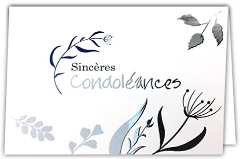 24-5008 Carte Argentée avec Enveloppe 145x105mm - Sincères Condoléances Courage Feuilles Arbre Bleues Brillantes pour Décès Femme ou Homme Cérémonie d'Adieu Enterrement Deuil - Fabriqué en France