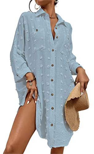 Bsubseach Swimsuit Coverup for Women Bathing Suit Blouse Button Down Shirt Dresses Swiss Dot Light Blue