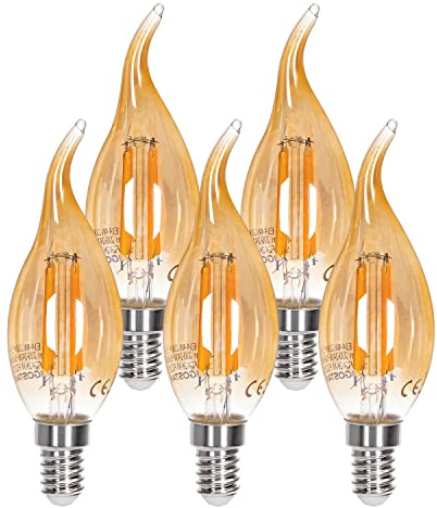 Aigostar Bombilla LED E14 Vela Filamento Retro Vintage 4W (Equivalente a 35W), Blanco Cálido 2200K, 400 Lúmenes, Ángulo de Apertura: 330°, CRI＞80, Cristal ámbar, 5 Unidades