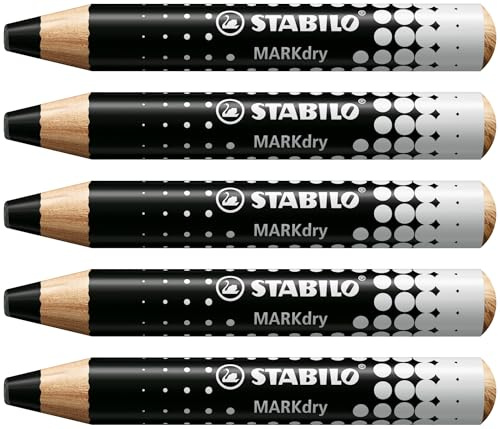 STABILO MARKdry - Crayon marqueur - Lot x 5 Crayons Ardoises et Tableaux blancs, Crayon Large à Mine XXL, Effaçable - noir | Lot de 5, noir