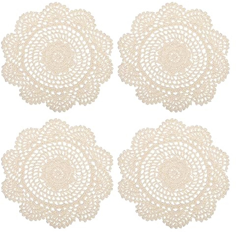 QUARKZMAN Tela Posavasos, 4uds 8 - Algodón Tejido Crochet Tapetes, Encaje Bordado Copa Alfombra con Floral Patrón para Boda Fiesta Decoración (Beige)
