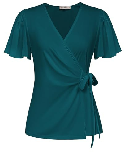 GRACE KARIN Women's Tops Ruffle Short Sleeve V-Neck Tie Wrap Tunic Tops Casual Loose Summer Blouses for Ladies
