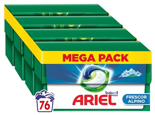 ARIEL PODS Todo en 1 Detergente Lavadora Liquido en Capsulas/Pastillas, 76 Lavados (4x19), Jabon Limpieza y Frescor Alpinos, 5 Acciones para una Limpieza Brillante en Frio
