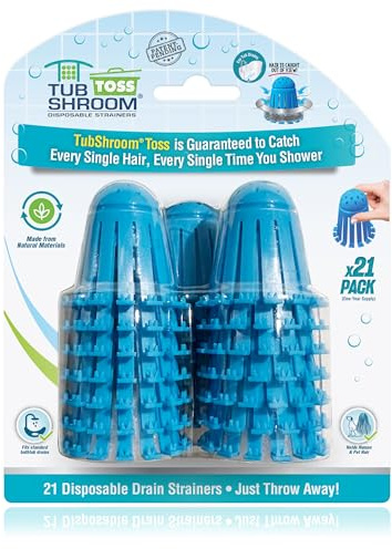 TubShroom Toss 21pk Disposable Bath Tub Drain Strainers - Hair Catcher Snare for Shower Bathtub to Prevent Clogged Drains, Traps Human and Pet Hair, One Year Supply (Blue)