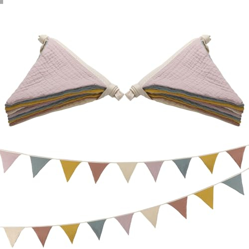 Kotkiddy 2 Stück Wimpelkette Kinderzimmer Deko, Babyzimmer Deko, Kinderzimmer Hausbett Deko, Musselin Baumwolle Stoff Wimpelkette, Tolles Zubehör Für Hausbett(A)