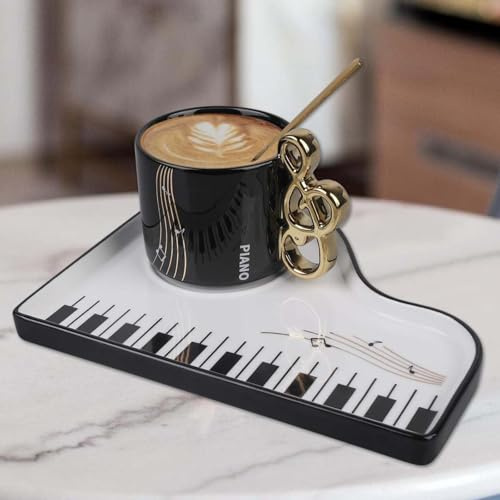 GOMETY Kreativ piano keramisk espressomugg med fat och sked, musiknoter kaffekopp 200 ml cappuccino koppar porslinsmugg mochatass, present till födelsedag, alla hjärtans dag (svart)