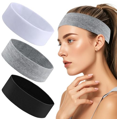 3 Stück Yoga Headbands, Elastische Damen Stirnband Schweißband Unisex, Weiches rutschfeste Feuchtigkeitsableitendes Fitness Stirnbänder für Sport, Fitness, Laufen, Fußbal,Radfahren(Schwarz+Grau+weiß)