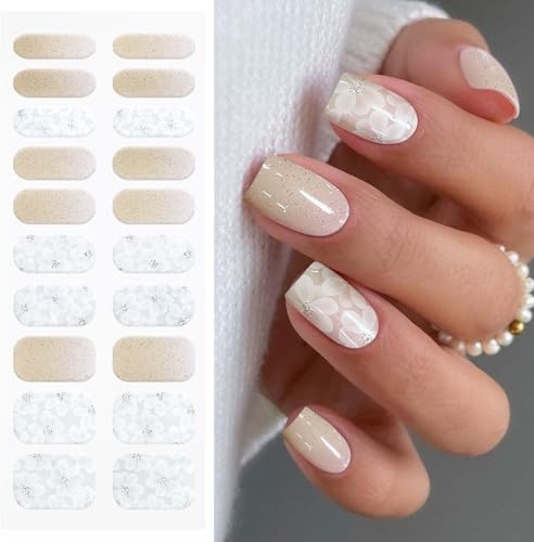 JMEOWIO Unghie Gel Adesive UV Glitter Fiore Bianco Smalto Adesivo per Unghie Gel Nail Stickers Decorazioni Unghie Nail Art Disegni