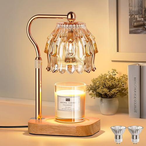 Candle Warmer Lamp with Timer Dimmer, Modern Wax Warmer for Scented Wax Jar Candle Warmer with 2 Bulbs, Adjustable Height Glass Lamp for Gifts for Women, Home Decor, Gold Amber