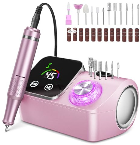 Urbuti Fresa per Unghie Professionale 45000 giri,12 testine di levigatura,Display LCD touch control,Manopola in cristallo,Lima per unghie portatile per unghie in acrilico e gel (Rosa chiaro)