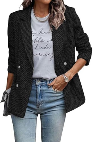 ticticlily Blazer Donna Elegante Lungo Giacca con Colletto con Revers e Doppiopetto Giacche da Ufficio Giubbotto Chic Casuale A Nero XL