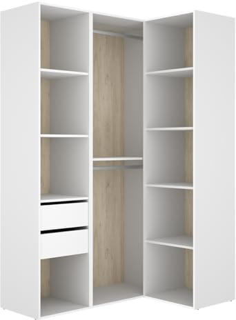 PEGANE Armoire d'angle Dressing Ouverte avec penderie avec Tringle, 9 étagères et 2 tiroirs, Coloris Blanc/Naturel - Hauteur 204,5 x Longueur 124 x Profondeur 84
