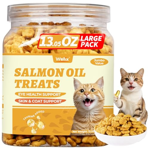 Wellix Cat Treats with Salmon Oil - Omega-3 for Skin & Coat Support - 370g | Cat Treats for Indoor Cats with Taurine & Vitamins. Healthy Crunchy Kitten Snacks for Training. Cat Food Toppers. Large Size