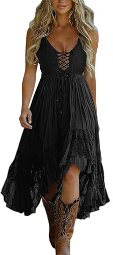 Country Western stil damklänning axelbandsklänning snörning fram spetsklänning bohemisk enfärgad maxiklänningar spagettiremmar ärmlös V-ringad vokuhila klänningar veckad volangklänning