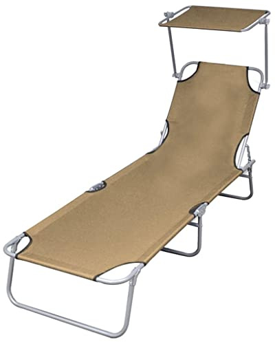 Foknhdi Lettino da giardino pieghevole con protezione solare, in acciaio e tessuto Oxford, schienale regolabile, da campeggio, a tre gambe, portata fino a 110 kg, 189 x 58 x 27 cm, tortora