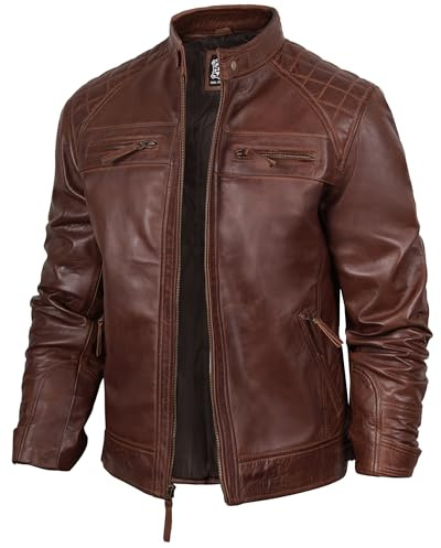 fjackets Real Lambskin Leather Biker Jacket — Quilted Cafe Racer Zip Up Moto Leather Jacket For Men | [1100082] Johnson Brown, S