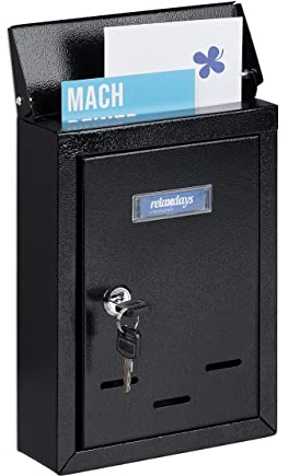 Relaxdays Buzón Pared Vertical, Placa para Nombre, Metálico, 2 Llaves, de Exterior, 26,5 x 19 x 6,5 cm, Estrecho, Negro