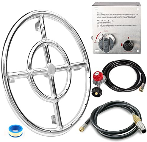 GRISUN Fire Pit Burner Ring Kit 12 Inch, Propane Fire Pit Kit, Come with Propane Fire Pit Hose Kit and Upgraded Gas Control Spark Ignition Kit, DIY Round Gas Fire Pit Kit, Stainless Steel