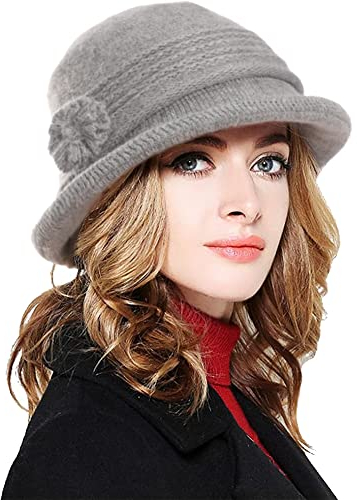 Yutdeng Bonnet Tricotée Chapeau Femme Fille d'hiver Chaud Élégant Bonnet Doublure en Peluche Vintage Souple Casquette Doux Épais Fleurs Cloche Hat Confortable Sports Ski Cap Gris