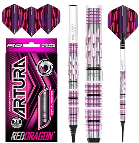 RED DRAGON Artura Shocking Rosa 18 Gramm Softip Premium Tungsten Darts Set mit Flights und Stielen