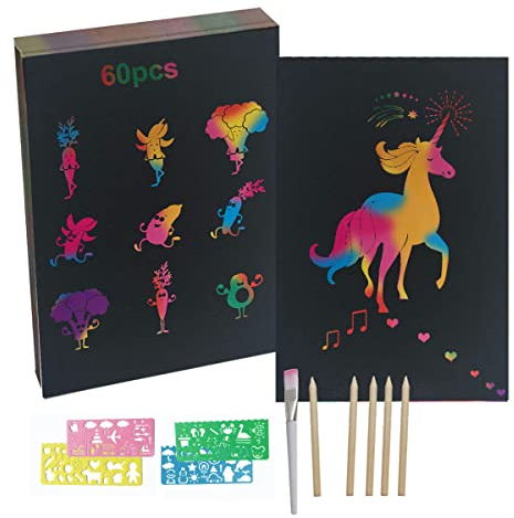 Rluobo Kratzbilder für Kinder, 60 Blätter Regenbogen Kratzpapier,5 Holzstifte,4 Malschablonen, Magic Scratch Book, Kratzpapier Set zum Zeichnen und Basteln, Kratzbuch Mädchen/Jungen, 13 * 19cm