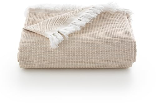 GAMUSI Mehrzweck-Tagesdecke für Bett und Sofa, Tagesdecke, Sofaüberwurf, weich und atmungsaktiv, Baumwolle, Wabenmuster, 180 x 140 cm, Beige